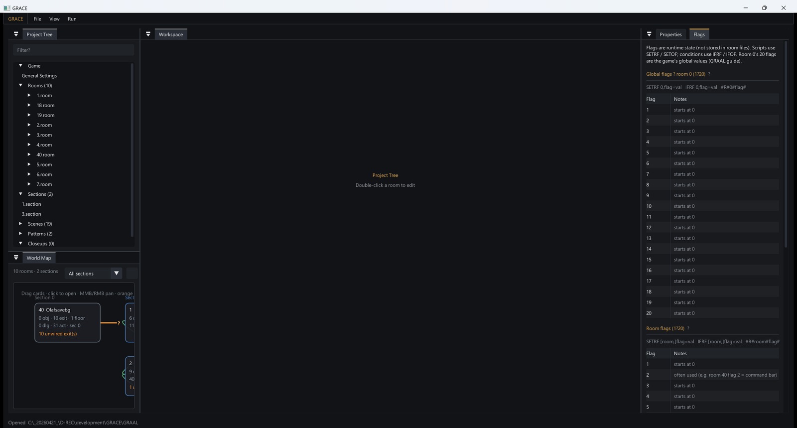 Editor overview with project tree world map and flags